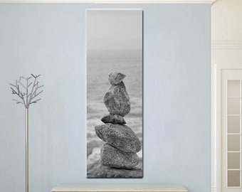 Black and white tall canvas, extra large wall art 20x60, entryway staircase beach theme coastal zen rocks vertical panoramic wall decor