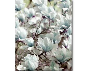 Teal and white floral art photo or canvas, shabby chic french country cottage art, magnolia print, vertical bedroom decor, purple brown mint