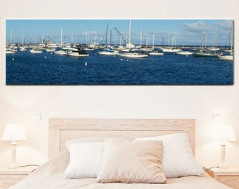 Panoramic ocean photography, beach print, extra large canvas, oversized wall art 20x60, boats at Monterey harbor, navy blue, over bed decor