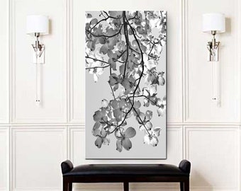 Black and white tall canvas, extra large wall art 20x60, entryway staircase dogwood tree flowering branch vertical panoramic photography