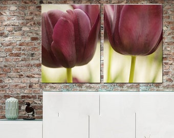 2 piece wall art, floral photography, tulip art, maroon burgundy wall art living room decor, 2 panel wall art, panel canvas modern artwork