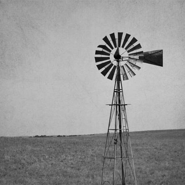 Black and white windmill photography print 12x12, 16x20 rustic artwork farm wall art, farmhouse country industrial home decor, grey photo