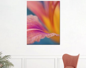 Floral abstract metal wall art, modern flower photography print, purple burnt orange yellow teal vertical decor, large colorful aluminum art