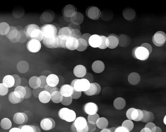 Black & white abstract photography light bokeh sparkles, sprarkling lights, white grey circles, sparkly modern art print 11x14, black decor