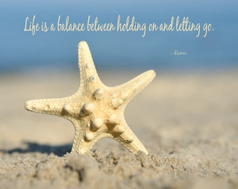 Inspirational her, motivational gifts for women, life is a balance Rumi quote wall art, large starfish photography print, beach wall decor,