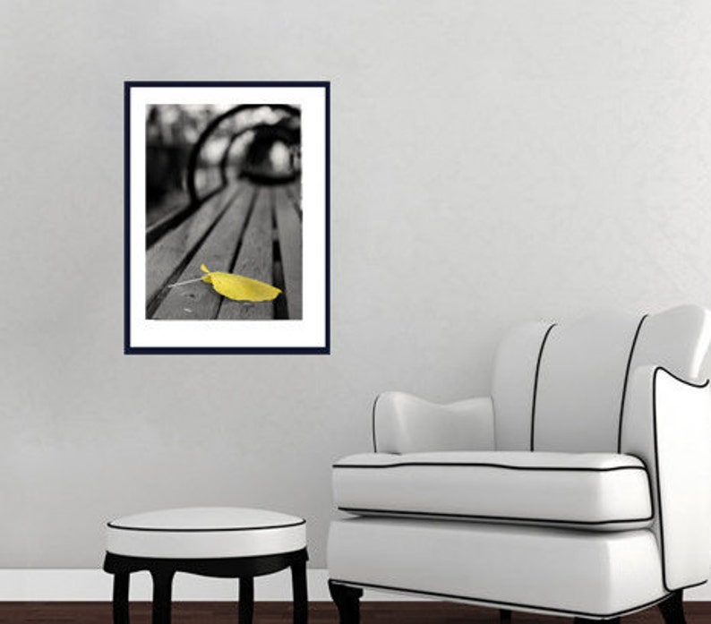 May include: A black and white photograph of a wooden bench with a single yellow leaf on it.