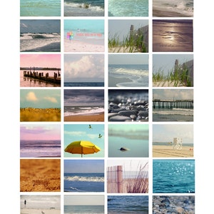 May include: A collage of 16 beach photos featuring various scenes, including ocean waves, sandy beaches, a pier, a lifeguard stand, a yellow umbrella, and a fence. The photos are arranged in a grid pattern and have a vintage, faded look.