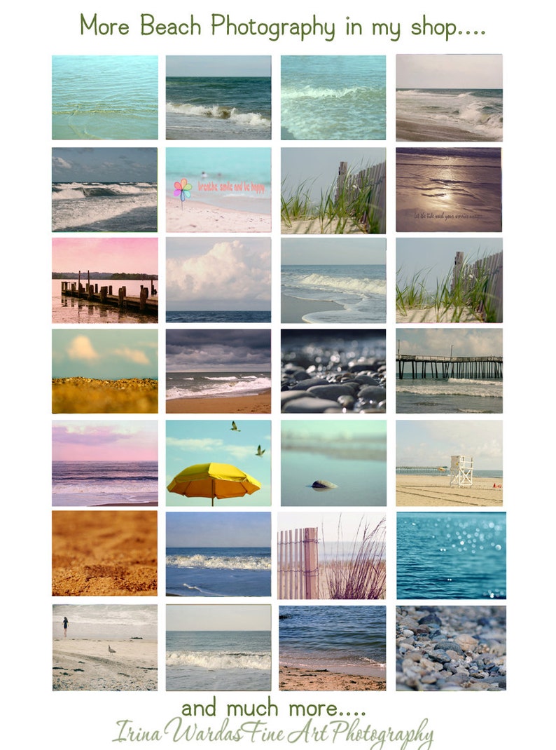 May include: A collage of 16 beach photos featuring various scenes, including ocean waves, sandy beaches, a pier, a lifeguard stand, a yellow umbrella, and a fence. The photos are arranged in a grid pattern and have a vintage, faded look.