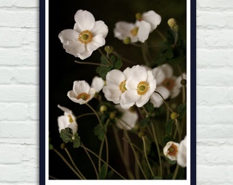 Dark floral print, white anemone flower photography, botanical art print, vertical nature wall art, flower photo print, wall picture decor