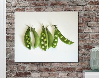 Vegetable print modern dining room wall art, large kitchen wall art, food still life photo or canvas art green white pea photography decor