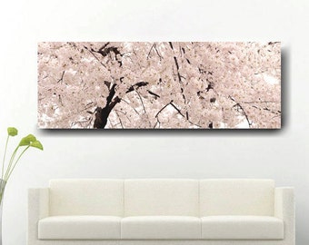 Extra large wall art, panoramic canvas wall art oversized, tree canvas art 20x60, pale pink Cherry Blossom art canvas wrap, over bed decor