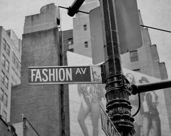 Black and white photography, New York City fashion billboard, avenue street sign print, dorm wall art, gift for teen girls wall decor