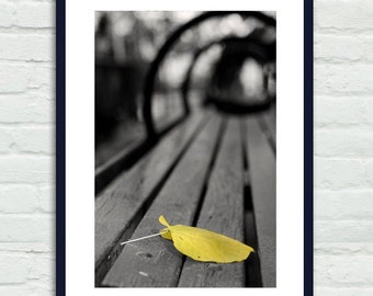 Black and white yellow photography, grey minimalist art, leaf park bench vertical modern print 9x12, 18x24, bathroom office foyer wall decor