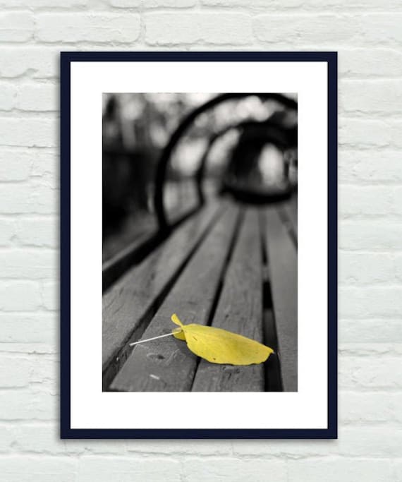 Black and white yellow photography, grey minimalist art, leaf park bench vertical modern print 9x12, 18x24, bathroom office foyer wall decor