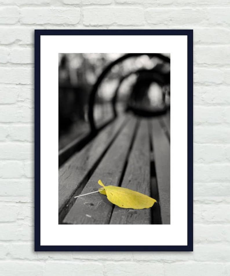 May include: A single yellow leaf lies on a wooden bench, with the rest of the image in black and white.