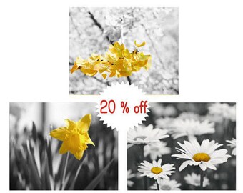 Bathroom wall decor, grey yellow wall art set set of 3 prints, nursery floral wall art, modern flower photography, gallery wall pictures
