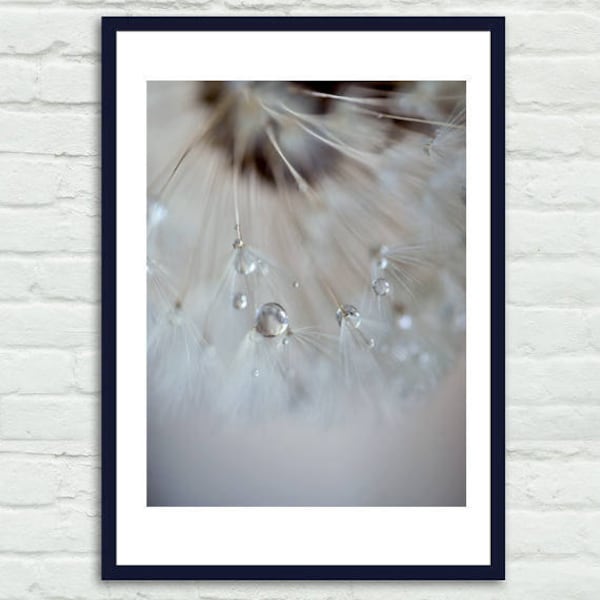 Large grey dandelion photograph, tan brown neutral wall art vertical photo print, powder room art, bathroom wall decor, rain drops picture