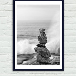 Black and white zen rocks wall art, large photography print, stacking rocks vertical balance art ocean waves, beach spa room bedroom decor