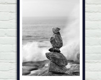 Black and white zen rocks wall art, large photography print, stacking rocks vertical balance art ocean waves, beach spa room bedroom decor