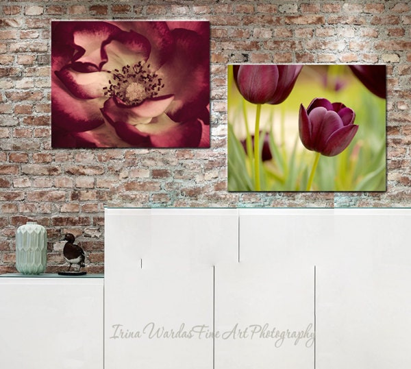 Floral Canvas Wall Art Set, Burgundy Artwork Wall Decor Flower ...