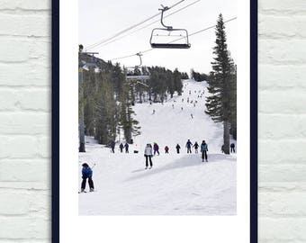 Ski gondola print, ski wall decor, Lake Tahoe Heavenly mountain resort, ski run, winter sports photography, ski gift, lodge decor vertical