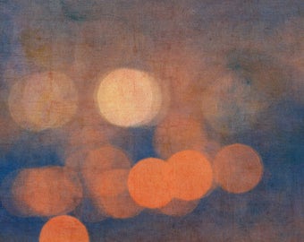 Abstract photography, blue and orange modern artwork, orange sparkle circle sprarkling bokeh light, navy blue wall art, living room wall art