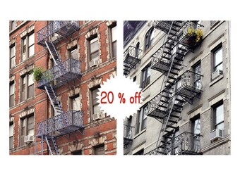 Set of 2 prints, New York prints, fire escape ladder, New York City apartment building photography architecture art, nyc wall decor,