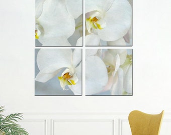 Extra large wall art, 4 panel wall art, modern floral art, white orchid photography, 4 panel split canvas art, oversized artwork