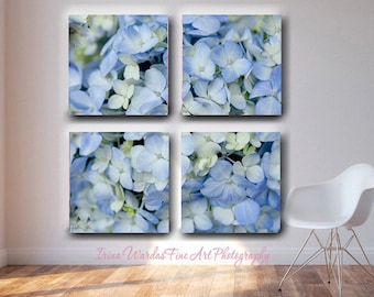 Extra large wall art 4 panel split canvas Hydrangea photograph 4 piece gallery wrapped floral canvas, oversized pale blue ivory yellow decor