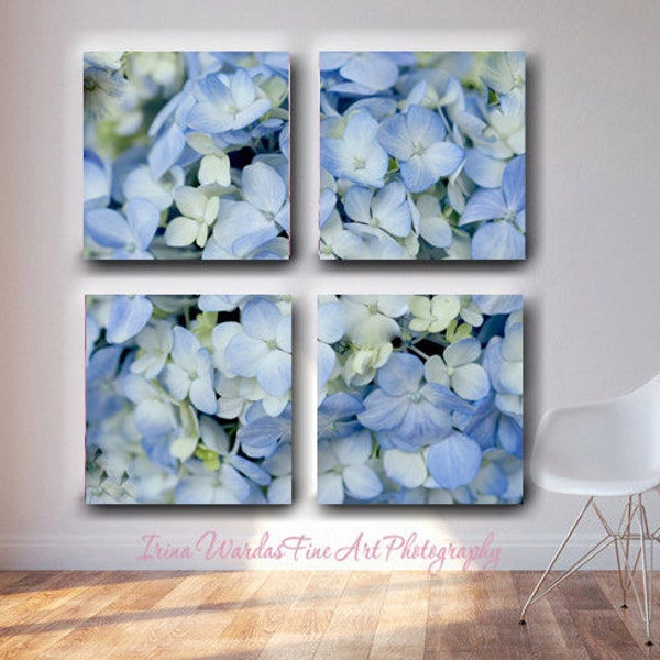 Extra large wall art 4 panel split canvas Hydrangea photograph 4 piece gallery wrapped floral canvas, oversized pale blue ivory yellow decor