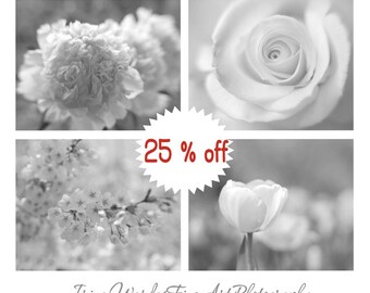 Grey and white art set of 4 nature photos, black and white floral art print set 11x14, cottage chic girls bedroom wall art flower bath decor