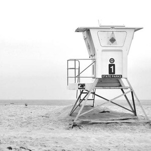 Black and white beach photography print, lifeguard stand tower, light grey nautical art, sea shore picture, coastal bath decor, gift for him