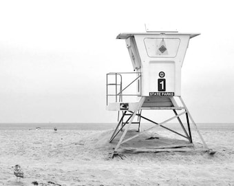 Black and white beach photography print, lifeguard stand tower, light grey nautical art, sea shore picture, coastal bath decor, gift for him