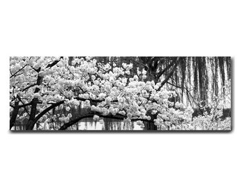 Black and white panoramic canvas, Cherry Blossom large wall hanging floral tree branch art over bed, spring nature home decor modern artwork