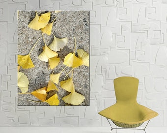 Grey yellow large tall vertical wall art, canvas or photography print 24x36, ginkgo biloba leaves, living room entryway staircase wall decor