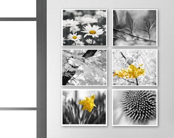 Grey and yellow wall art prints set of 6 pictures black white yellow, modern farmhouse photography, bathroom wall decor powder room wall art