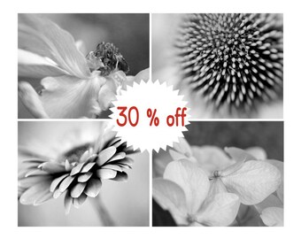 Black and white flower photography set 4 floral pictures, botanical print set 11x14, 8x10 modern art prints, dark grey wall art nature decor