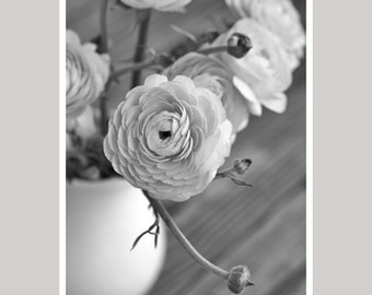 Farmhouse bathroom decor, gray and white photo print, country rustic powder room wall decor, vertical wall art, ranunculus flower in vase