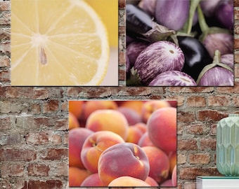 Dining room wall art print or canvas set of 3, modern kitchen decor, kitchen wall art, fruit and vegetable photography, purple yellow red