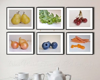 Dining room wall decor, white kitchen wall art set of 6 prints, food photography, fruit and vegetables, cafe restaurant culinary art gifts