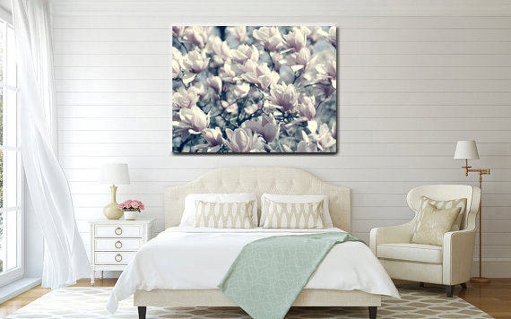 Magnolia Canvas Wall Art Large Shabby Chic Wall Art Canvas Pale Teal Dusty Pink Flower Canvas Print Floral Cottage Chic Bedroom Wall Decor
