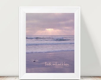 Ocean photography, pastel lavender wall art, California beach art print vertical, relaxing art inspirational quote, bedroom coastal artwork