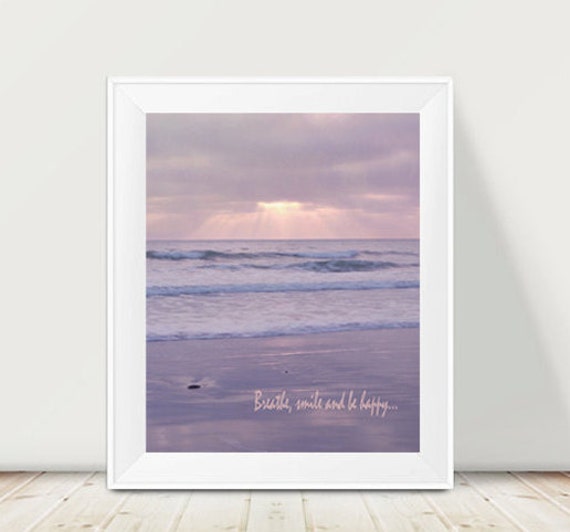 Ocean photography, pastel lavender wall art, California beach art print vertical, relaxing art inspirational quote, bedroom coastal artwork