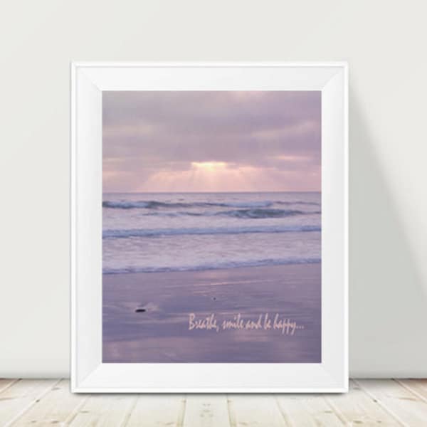 Ocean photography, pastel lavender wall art, California beach art print vertical, relaxing art inspirational quote, bedroom coastal artwork