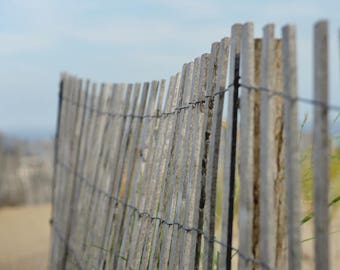 Beach themed decor, fence photography print, coastal wall art, large sand dune grass picture, rustic cottage chic bathroom bedroom office