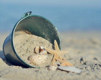 Seashells on the beach large photography, beach bathroom print, tan aqua blue coastal bathroom decor, coastal wall art, seashore photo print