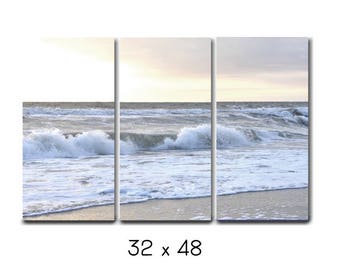 3 piece wall art, beach canvas photography, white grey ocean canvas split, extra large wall art, tryptich 3 panel wall art nautical decor