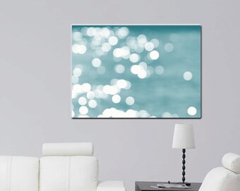 Large abstract canvas abstract or photography print bokeh light sparkles, teal white modern wall decor, beach abstract, turquoise wall art