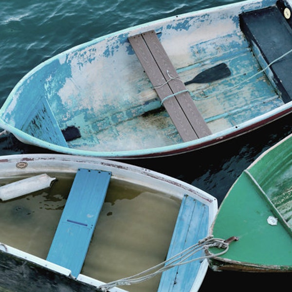 Row boats photography print, rustic beach wall decor, nautical wall  art modern print, weathered rowboat lake wall picture, teal blue green