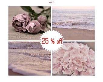 Modern farmhouse prints or canvas, pastel pink bathroom decor, shabby chic country bedroom wall art set of 4 beach hydrangea peony pictures